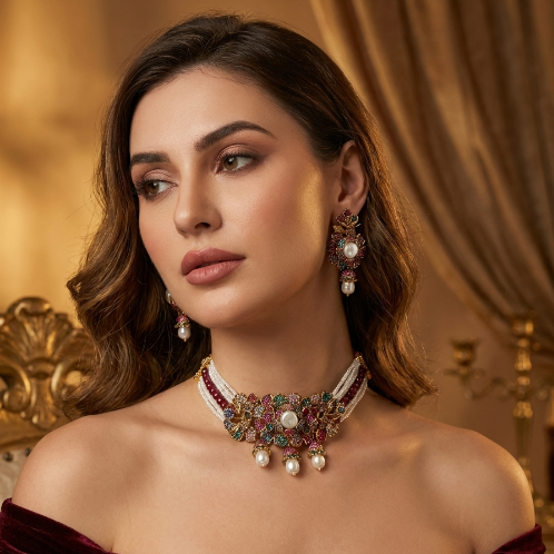 Woman wearing a colorful necklace and earrings with a gold background